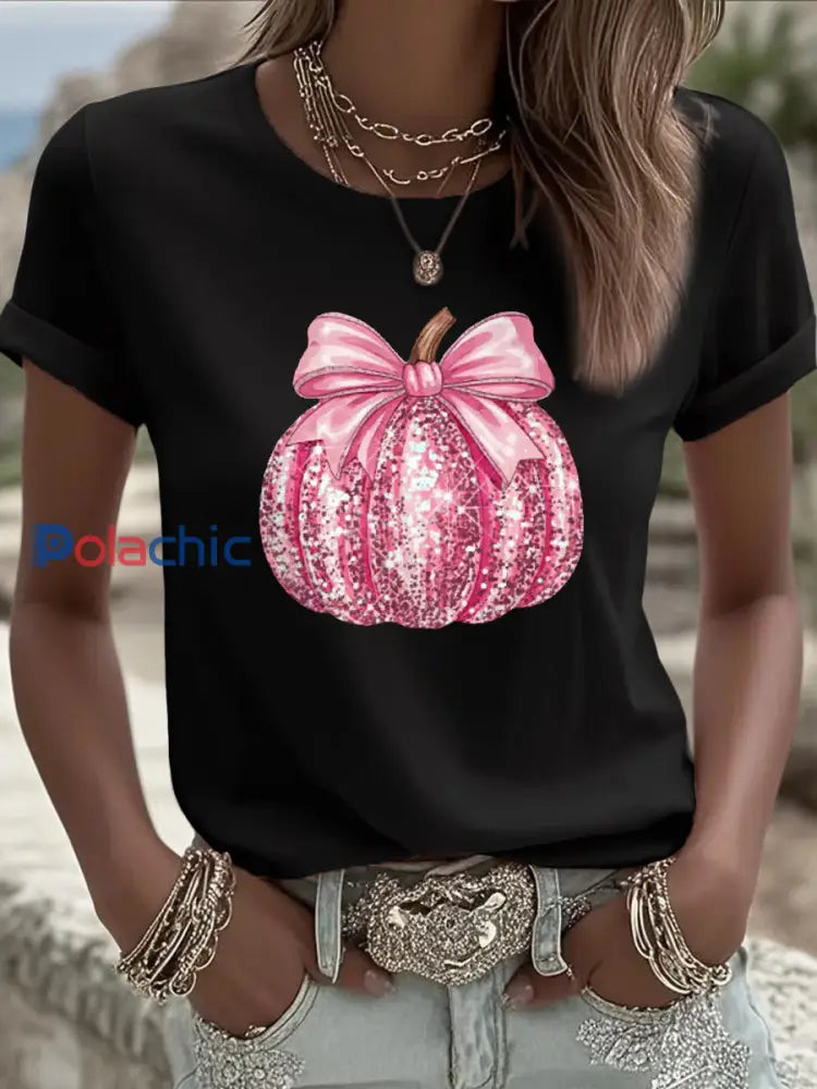 T-shirt rose de soutien de sensibilisation au cancer du sein à imprimé citrouille pour femmes Noir / S