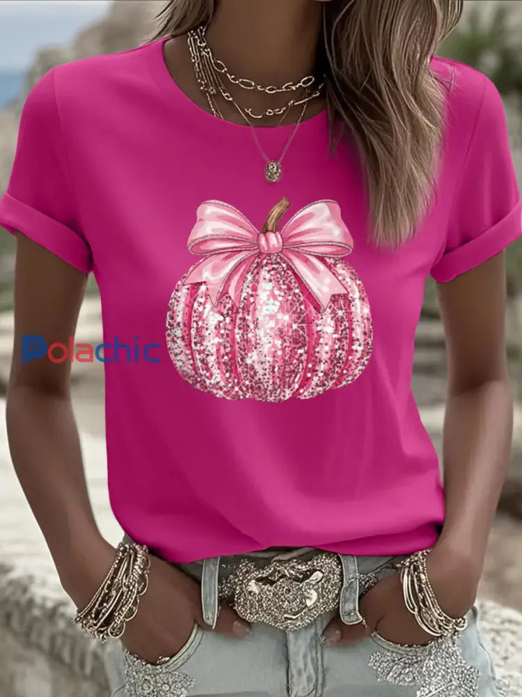 T-shirt rose de soutien de sensibilisation au cancer du sein à imprimé citrouille pour femmes Rose Rouge / S