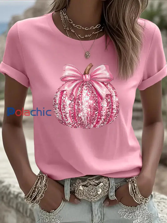 T-shirt rose de soutien de sensibilisation au cancer du sein à imprimé citrouille pour femmes Rose / S