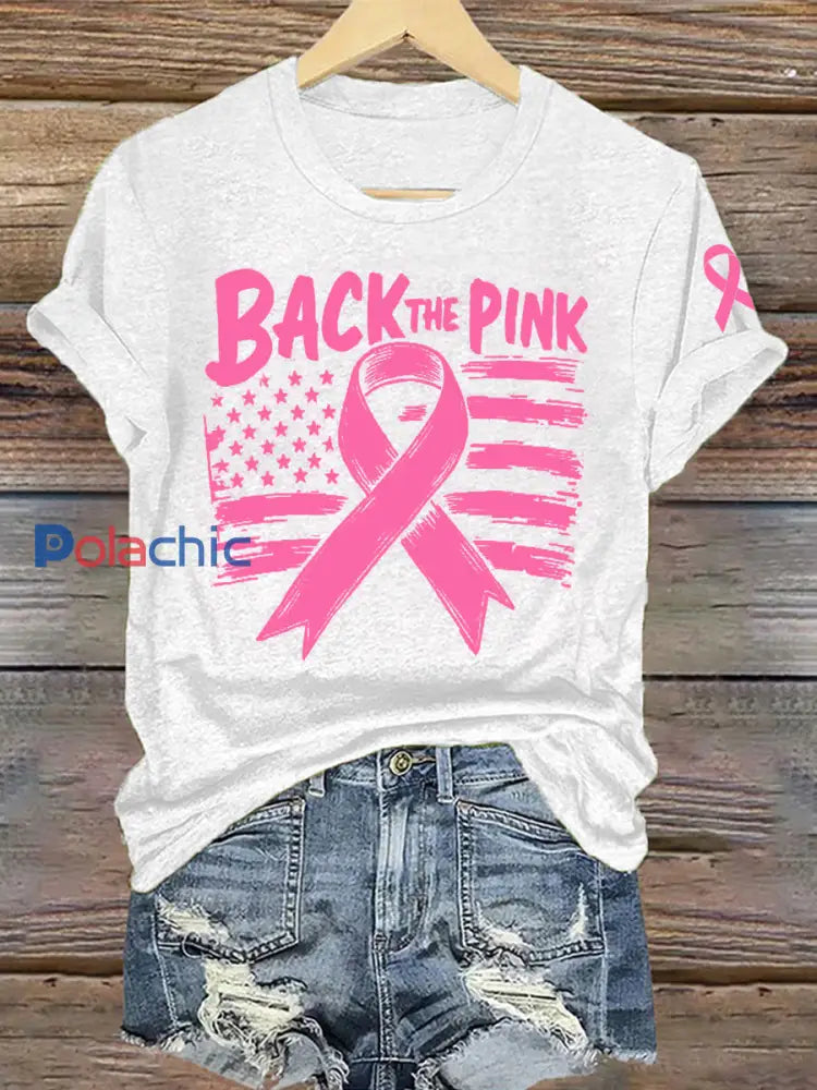 T-shirt rose pour femme Breast Cancer Awareness Back The Blanc / S