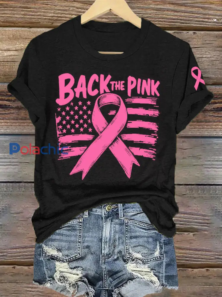 T-shirt rose pour femme Breast Cancer Awareness Back The Noir / S