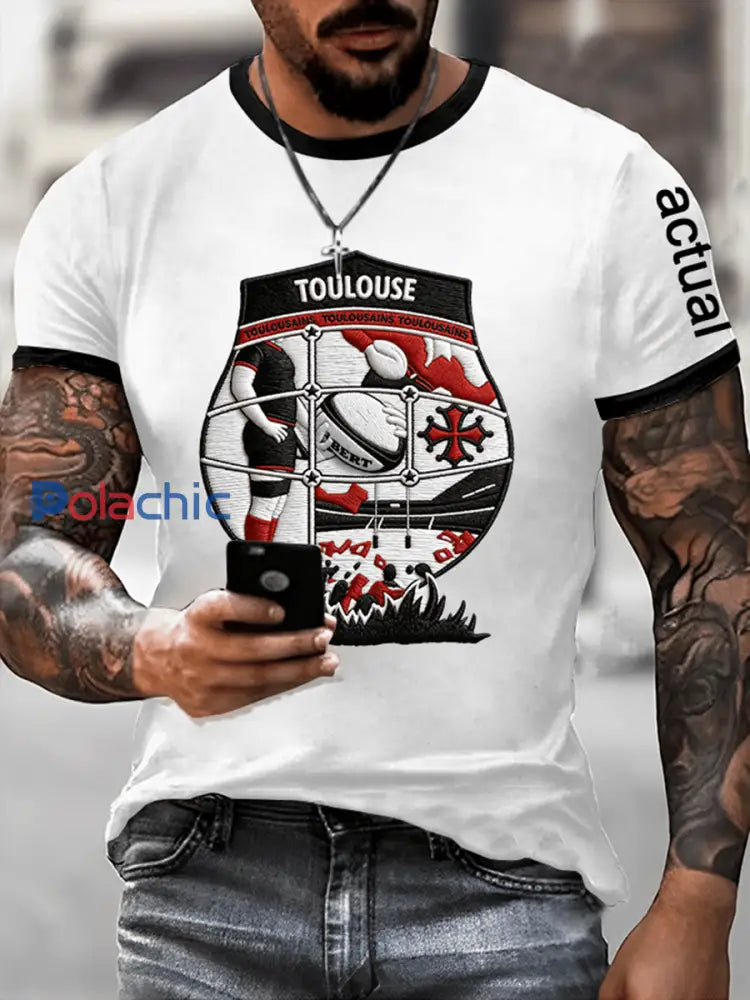 T-shirt Rugby Imprimé Manches Courtes Homme Blanc / S