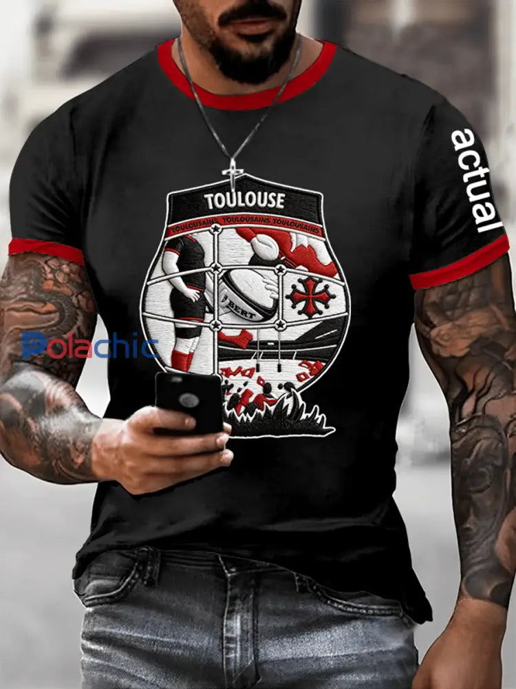 T-shirt Rugby Imprimé Manches Courtes Homme Noir / S