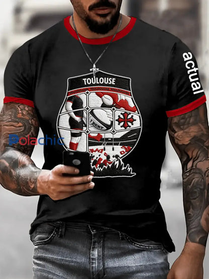 T-shirt Rugby Imprimé Manches Courtes Homme Noir / S