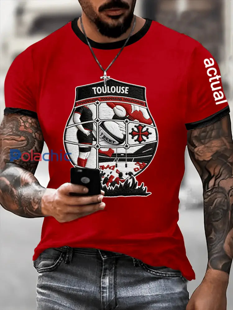 T-shirt Rugby Imprimé Manches Courtes Homme Rouge / S