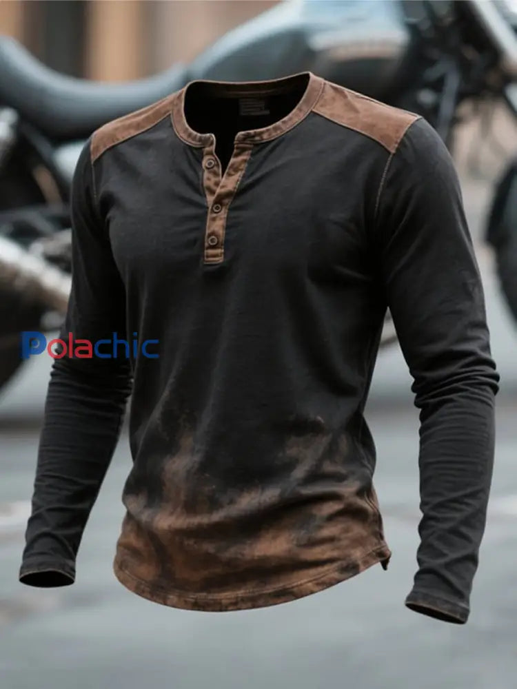 T-shirt Vintage Simple à manches longues pour hommes Noir / S