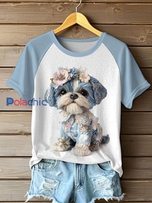 T-shirts décontractés à imprimé chien pour femmes Bleu clair / S