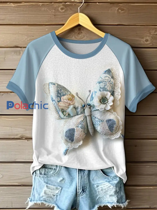 T-shirts décontractés à imprimé papillon pour femmes Bleu clair / S