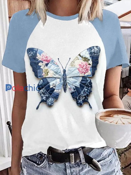 T-shirts décontractés à imprimé papillon pour femmes Bleu clair / S