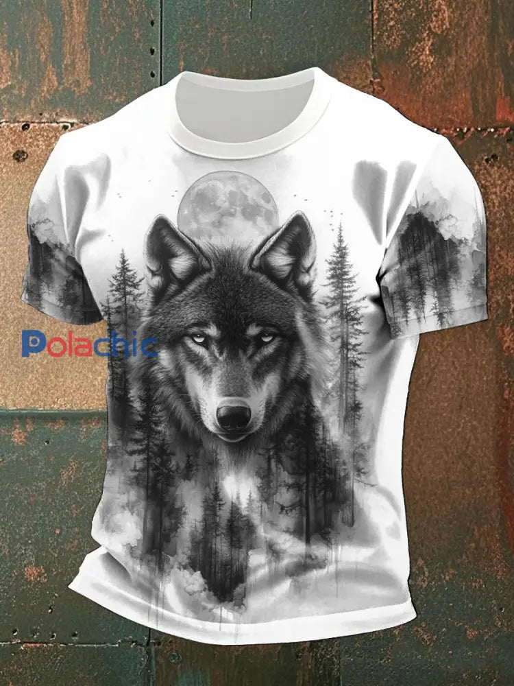 T-shirts décontractés à imprimé Timber Wolf pour hommes noir et blanc / S