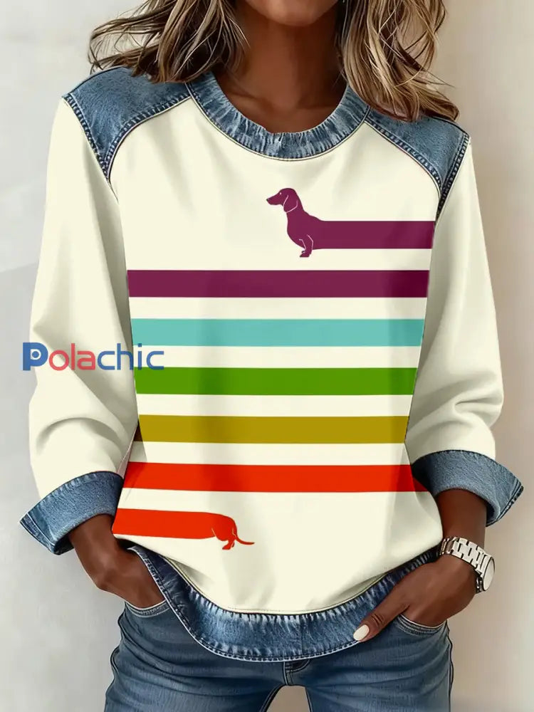 Teckel Art Imprimer Denim Patchwork Sweatshirt Femme comme image / S