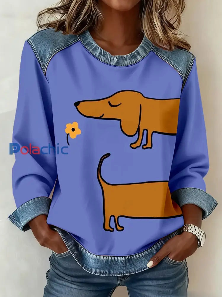 Teckel Art Imprimer Denim Patchwork Sweatshirt Femme comme image / S