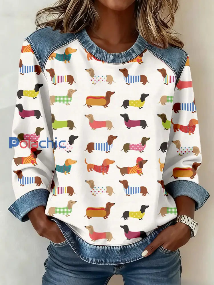 Teckel Art Imprimer Denim Patchwork Sweatshirt Femme comme image / S