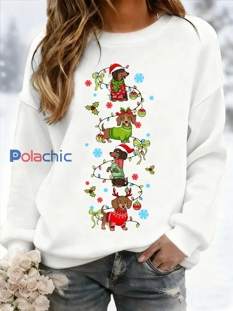 Teckel de Noël des femmes à travers la neige Imprimer Sweat-shirt décontracté Blanc / S