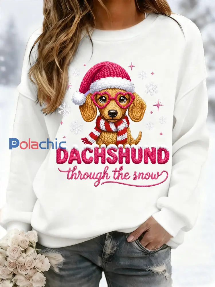 Teckel de Noël des femmes à travers la neige Imprimer Sweat-shirt décontracté Blanc / S