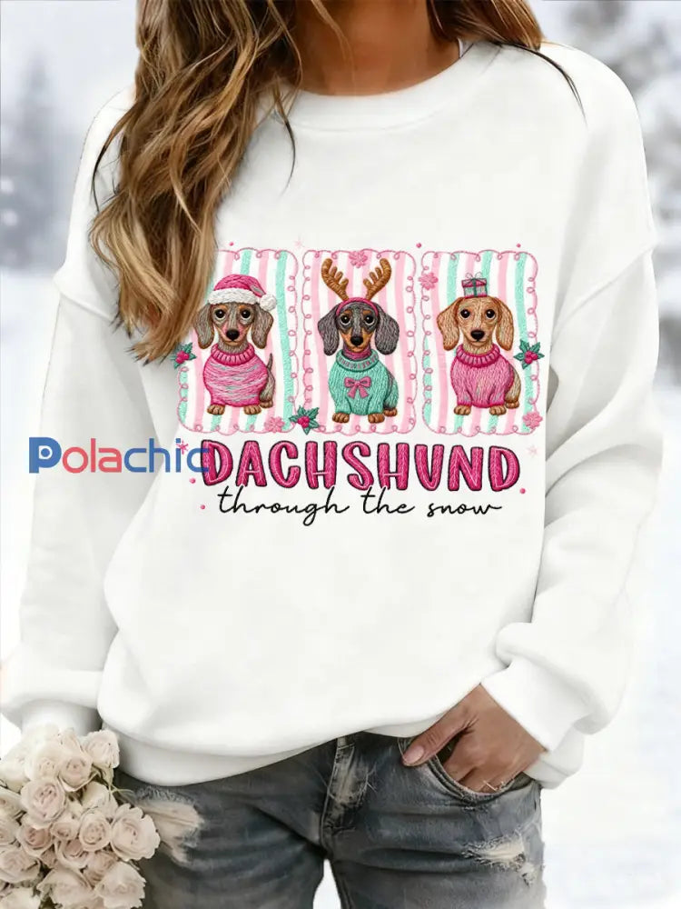 Teckel de Noël des femmes à travers la neige Imprimer Sweat-shirt décontracté Blanc / S