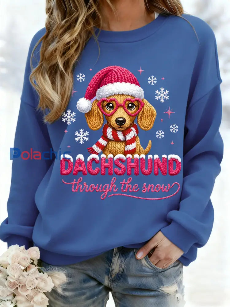 Teckel de Noël des femmes à travers la neige Imprimer Sweat-shirt décontracté Bleu / S