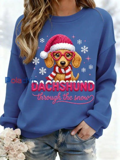 Teckel de Noël des femmes à travers la neige Imprimer Sweat-shirt décontracté Bleu / S