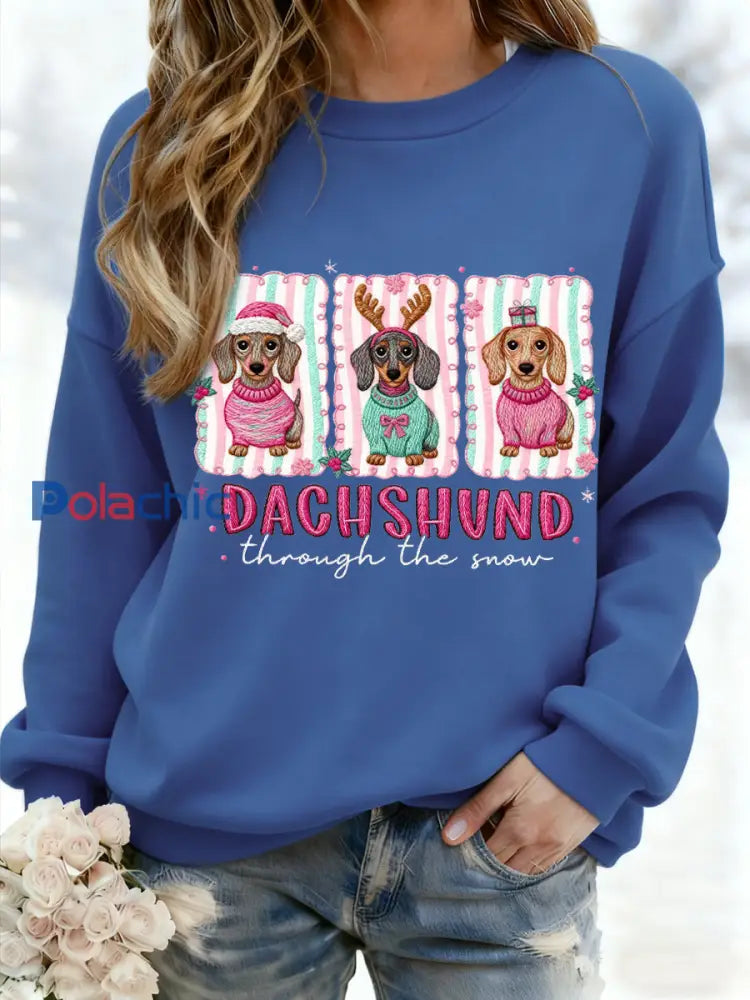 Teckel de Noël des femmes à travers la neige Imprimer Sweat-shirt décontracté Bleu / S