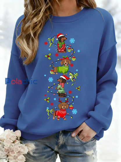 Teckel de Noël des femmes à travers la neige Imprimer Sweat-shirt décontracté Bleu / S
