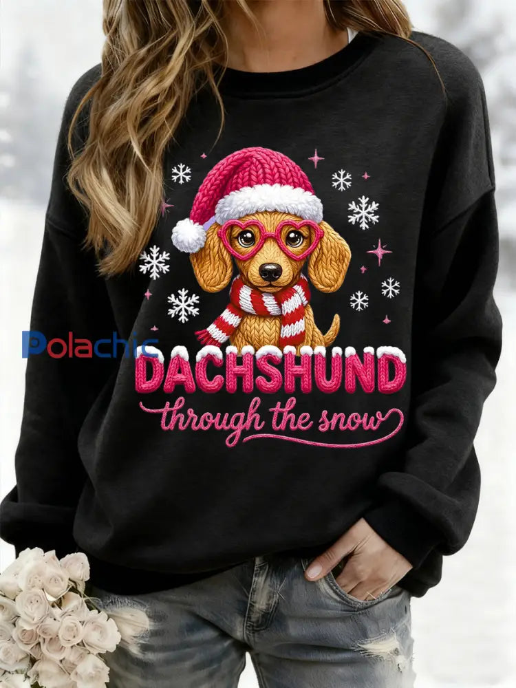 Teckel de Noël des femmes à travers la neige Imprimer Sweat-shirt décontracté Noir / S