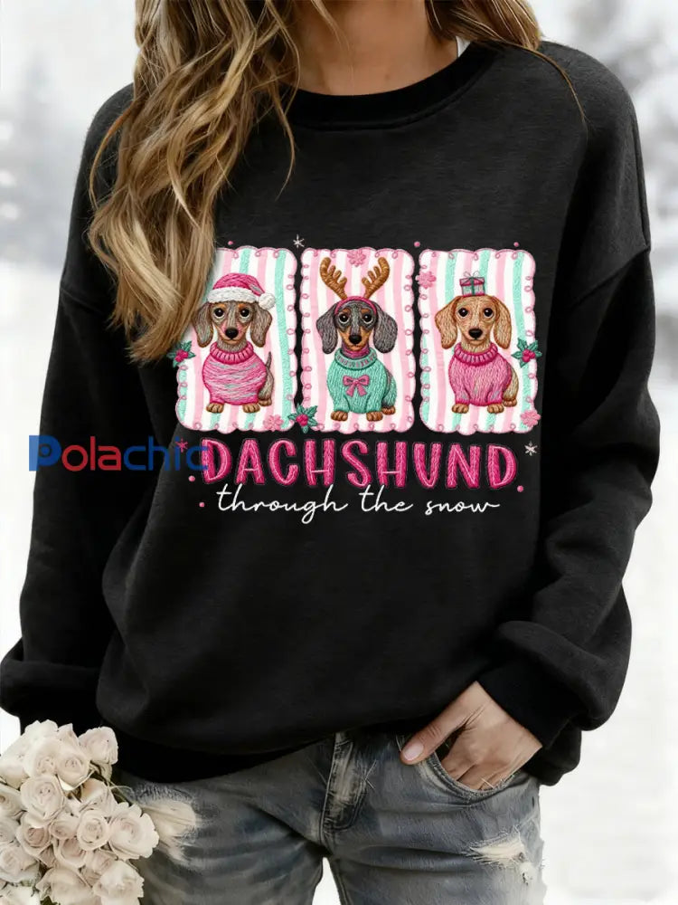 Teckel de Noël des femmes à travers la neige Imprimer Sweat-shirt décontracté Noir / S