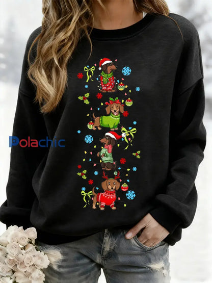 Teckel de Noël des femmes à travers la neige Imprimer Sweat-shirt décontracté Noir / S
