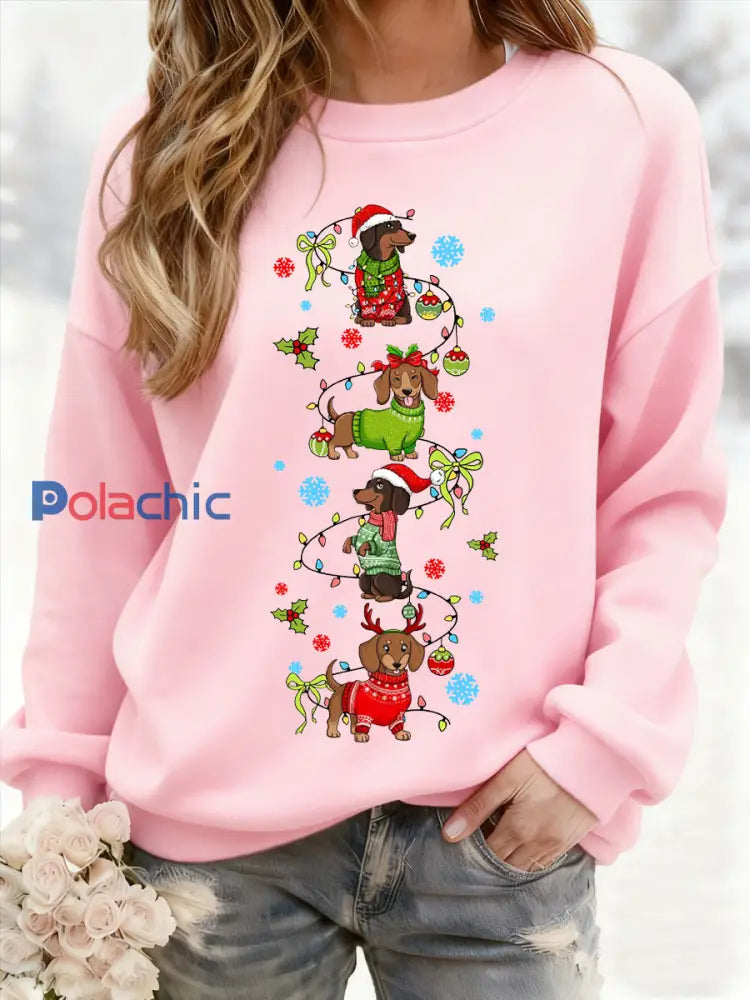 Teckel de Noël des femmes à travers la neige Imprimer Sweat-shirt décontracté Rose / S