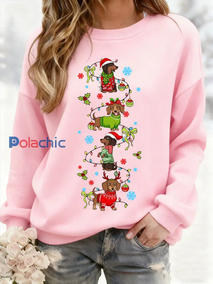 Teckel de Noël des femmes à travers la neige Imprimer Sweat-shirt décontracté Rose / S