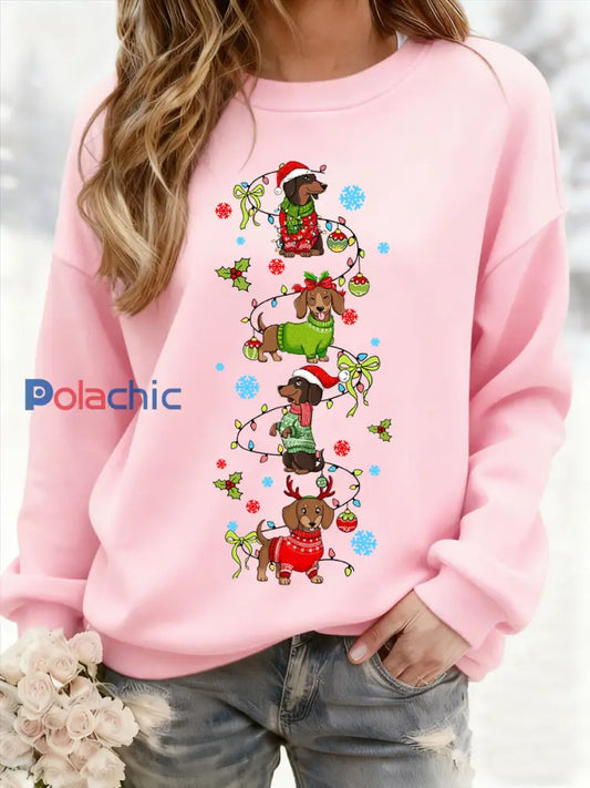 Teckel de Noël des femmes à travers la neige Imprimer Sweat-shirt décontracté Rose / S
