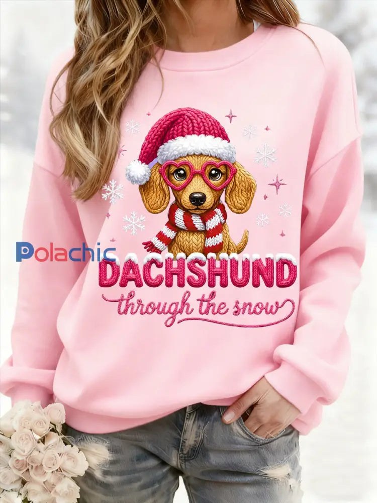 Teckel de Noël des femmes à travers la neige Imprimer Sweat-shirt décontracté Rose / S