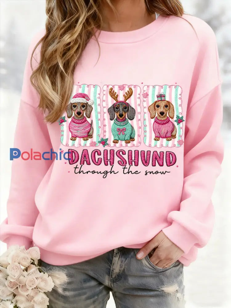 Teckel de Noël des femmes à travers la neige Imprimer Sweat-shirt décontracté Rose / S