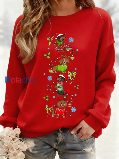Teckel de Noël des femmes à travers la neige Imprimer Sweat-shirt décontracté Rouge / S