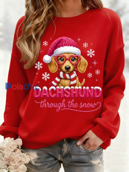 Teckel de Noël des femmes à travers la neige Imprimer Sweat-shirt décontracté Rouge / S
