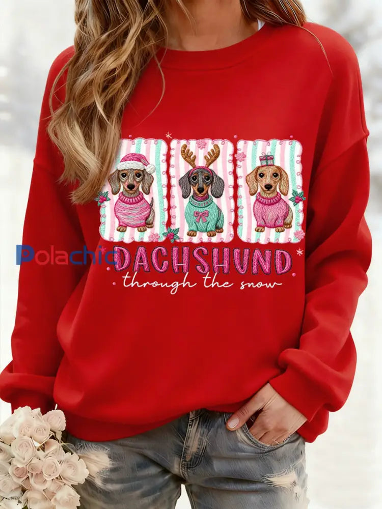 Teckel de Noël des femmes à travers la neige Imprimer Sweat-shirt décontracté Rouge / S