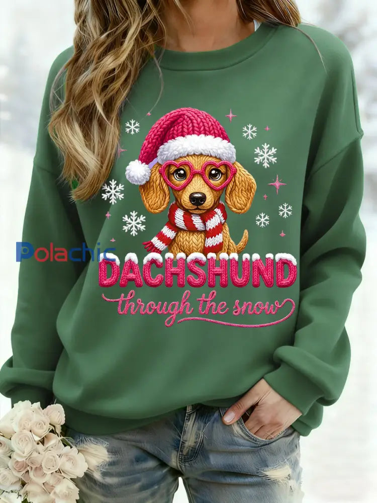 Teckel de Noël des femmes à travers la neige Imprimer Sweat-shirt décontracté Vert / S