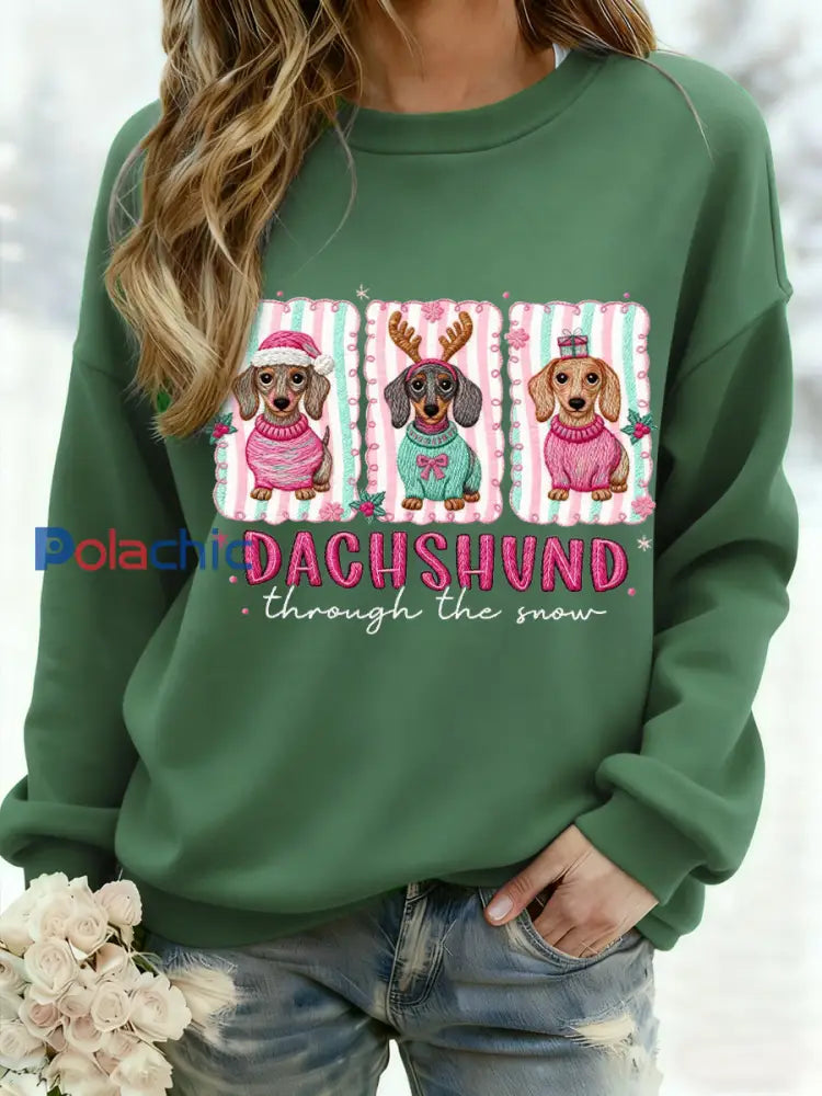 Teckel de Noël des femmes à travers la neige Imprimer Sweat-shirt décontracté Vert / S