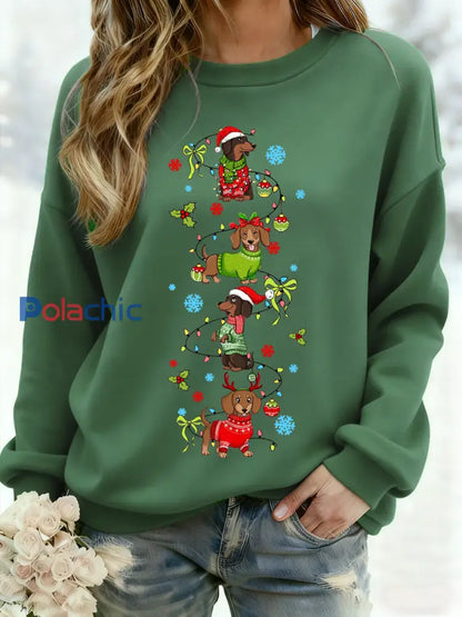 Teckel de Noël des femmes à travers la neige Imprimer Sweat-shirt décontracté Vert / S