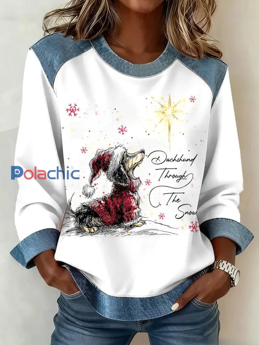Teckel de Noël pour femmes à travers la neige Imprimer Casual Denim Patchwork Top Blanc / S