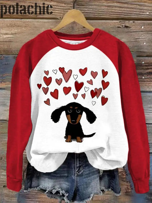 Teckel Imprimé Col Rond Pull Lâche Manches Longues Sweatshirt Love Valentine A / S