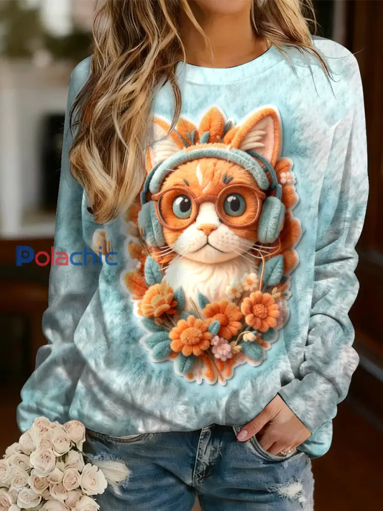 Tee-shirt Femme Bleu Chat Manches Longues Bleu clair / S