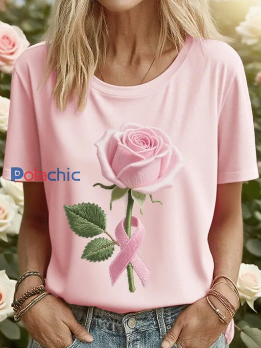 Tee-shirt Femme Rose Brodé Rose Ruban Rose / S