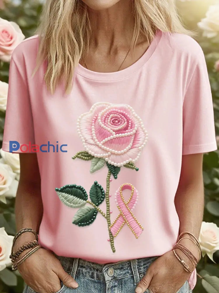 Tee-shirt Femme Rose Brodé Rose Ruban Rose / S