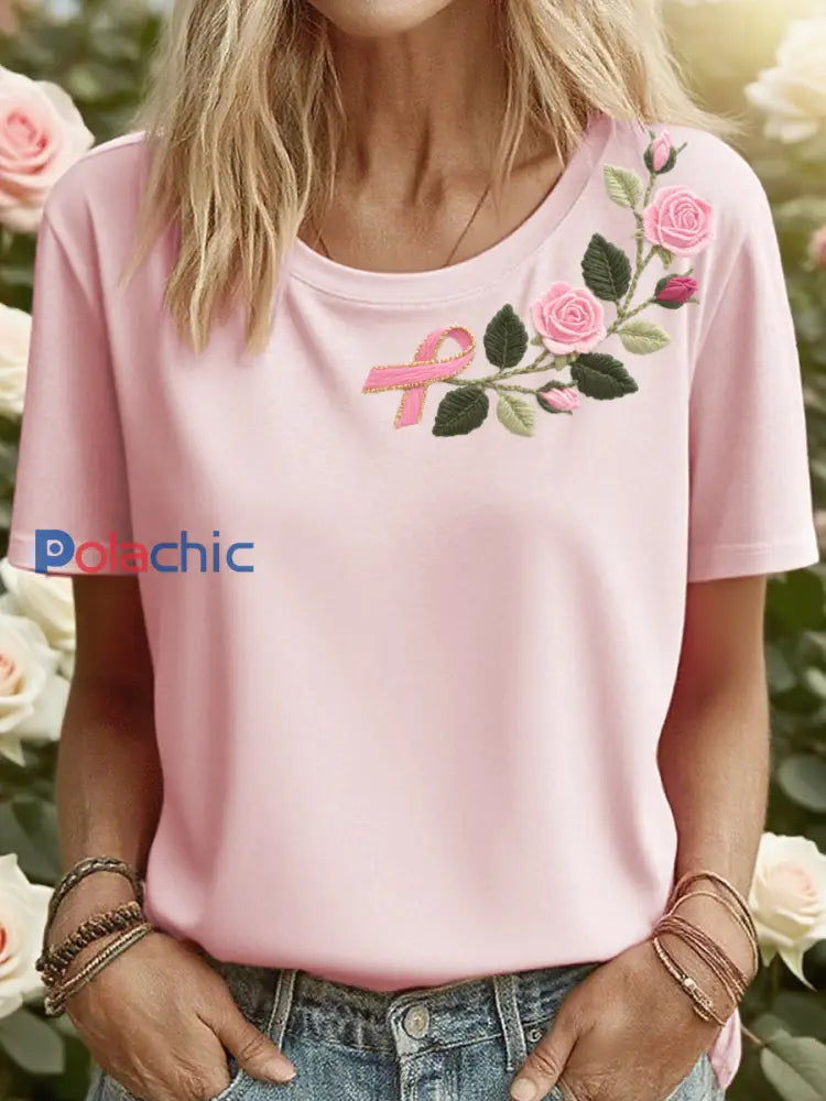 Tee-shirt Femme Rose Floral Ruban Brodé Rose / S