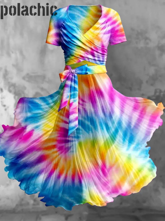 Tie Dye Fluide Art Print Rétro Cross Fold Manches Courtes Deux Pièces Midi Robe