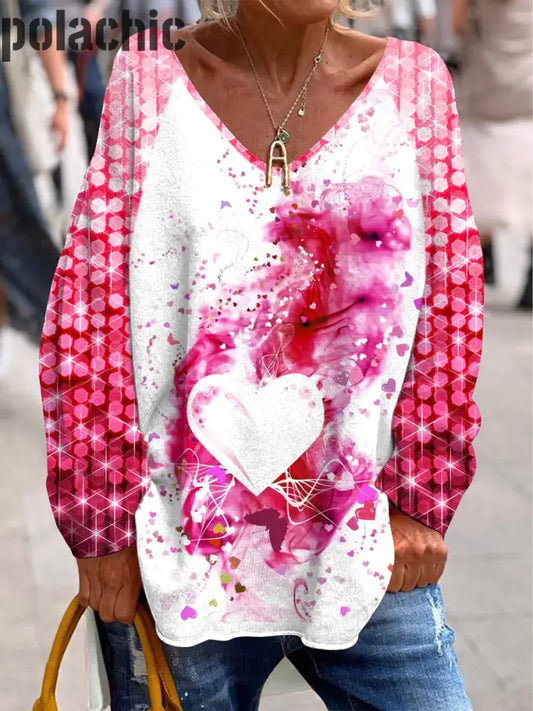 Tie Dye Love Heart Print À La Mode Col En V Pull Décontracté Lâche Manches Longues A / S