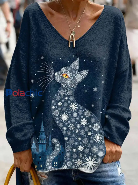 Top à col en V imprimé chat de Noël pour femmes comme image / S