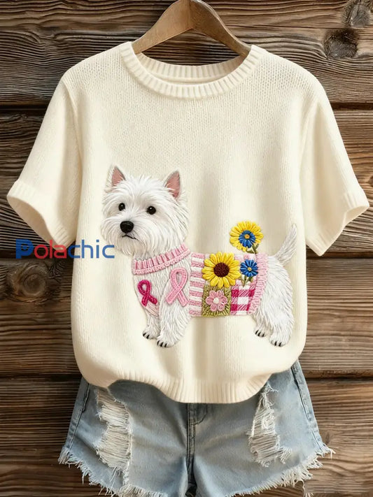 Top à manches courtes en tricot confortable imprimé animal artistique pour femmes A / S