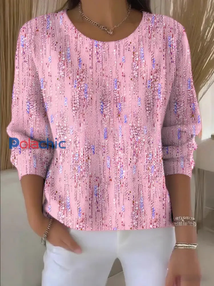Top à manches longues en tricot imprimé Art Design pour femmes Rose / S