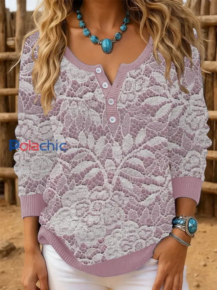 Top à manches longues à imprimé dentelle western vintage pour femmes comme image / S